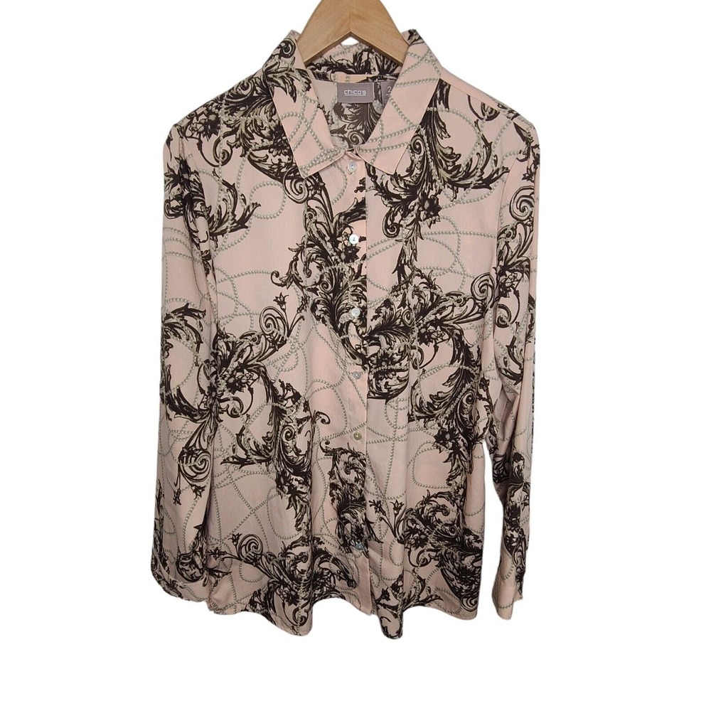 Chicos Womens SZ 2 (Large/12) Blush w Pearls Button Blouse/Top Lightweigh Sheer